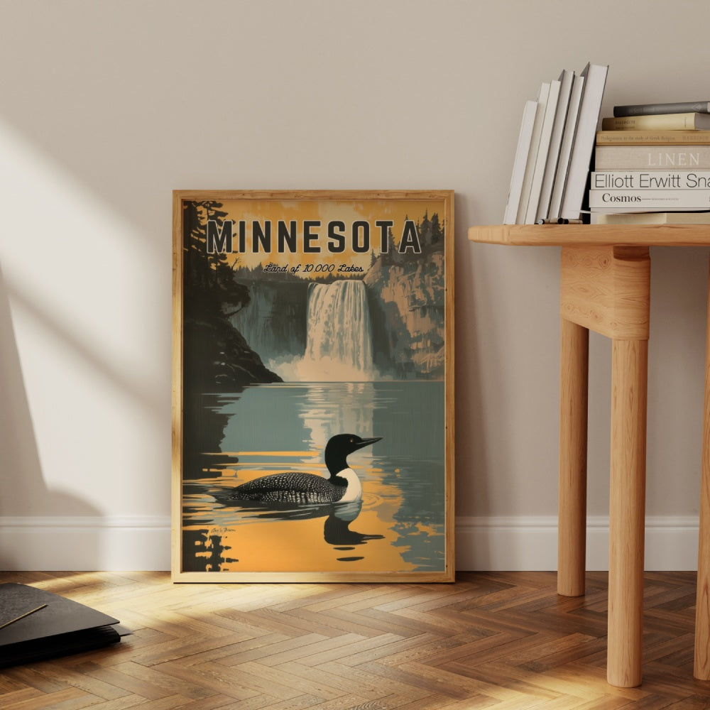 "Minnesota", a vintage travel poster, featuring a common loon swimming in a calm lake in the Gooseberry Falls State Park