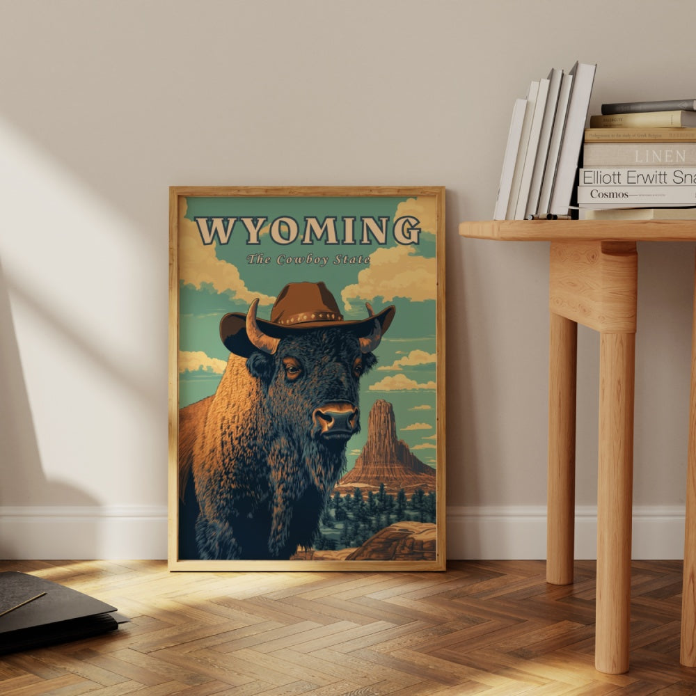 "Wyoming", a vintage travel poster, featuring a bison standing in front of the Devils Tower