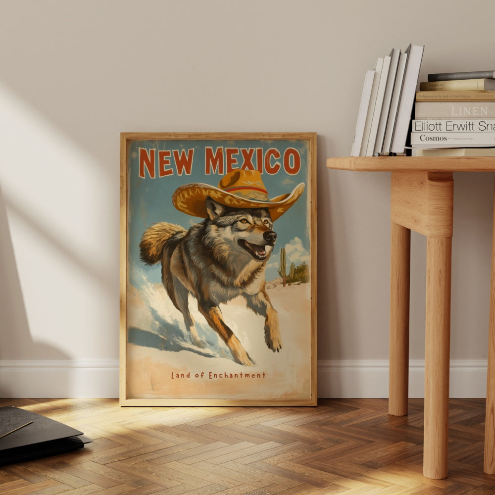 "New Mexico", a vintage travel poster, featuring a wolf wearing a sombrero running through the white sands of New Mexico