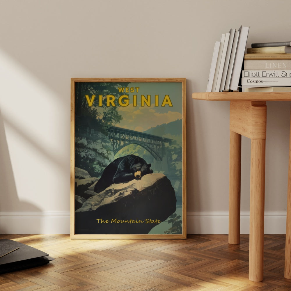"West Virginia", a vintage travel poster, featuring a black bear taking a nap underneath the new river gorge national park bridge