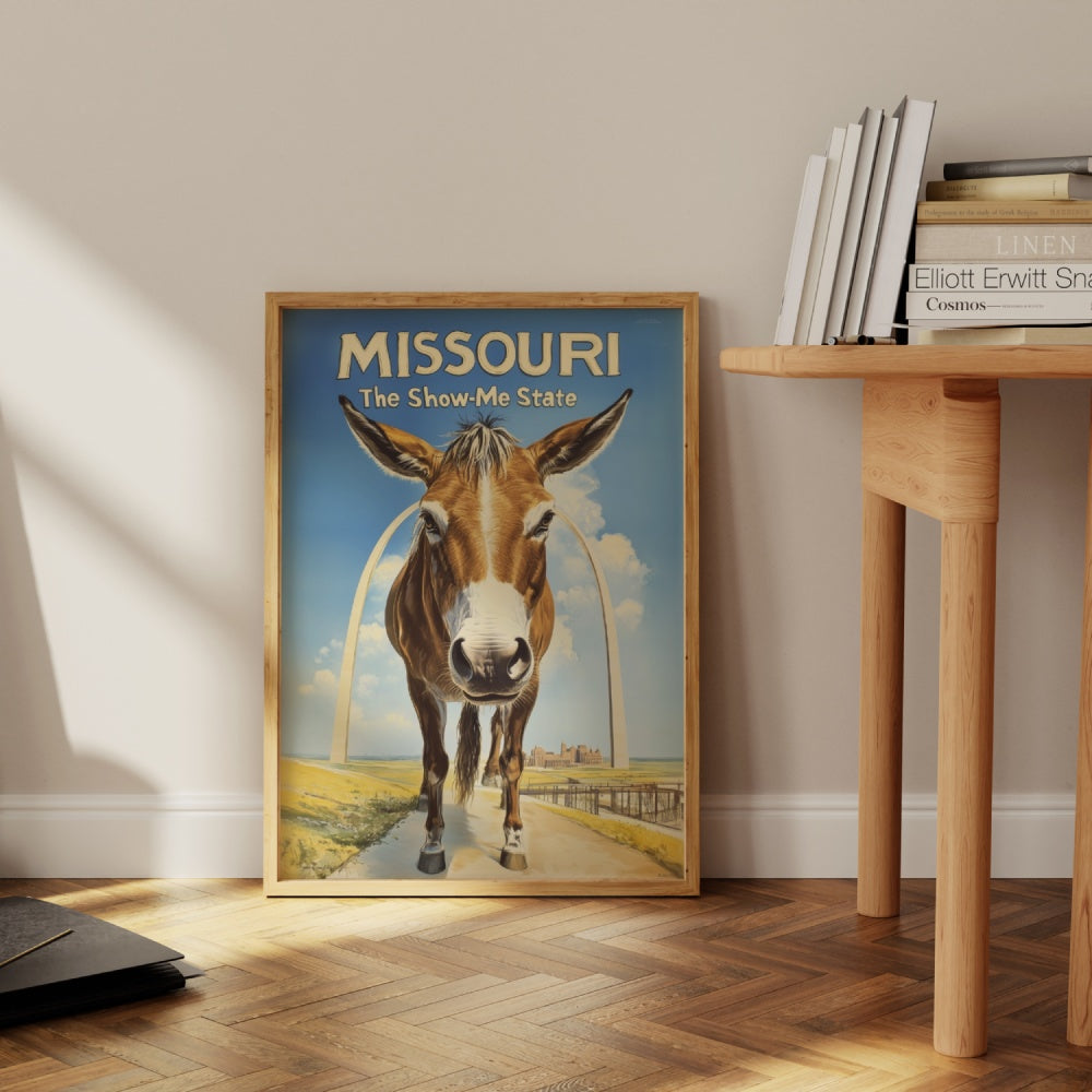 "Missouri", a vintage travel poster, featuring a Missouri Mule standing in front of the The Gateway Arch