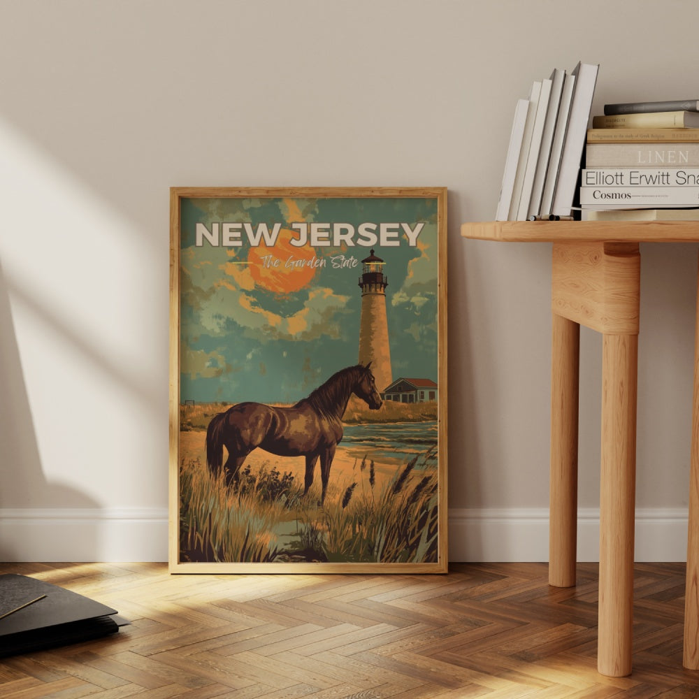 A vintage travel poster of New Jersey, featuring a horse standing on the shores of New Jersey