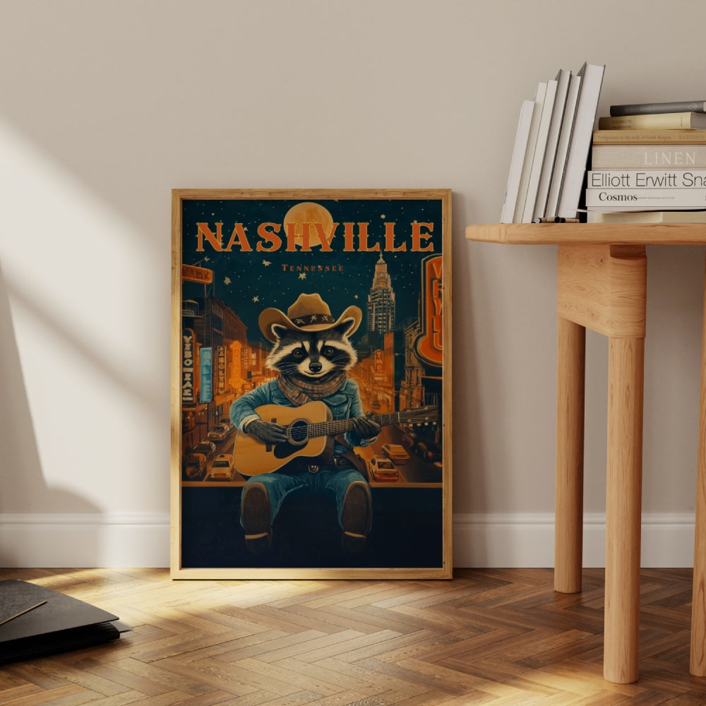 vintage travel poster, featuring a cowboy raccoon playing guitar at downtown Nashville, Tennessee, at the nightlife