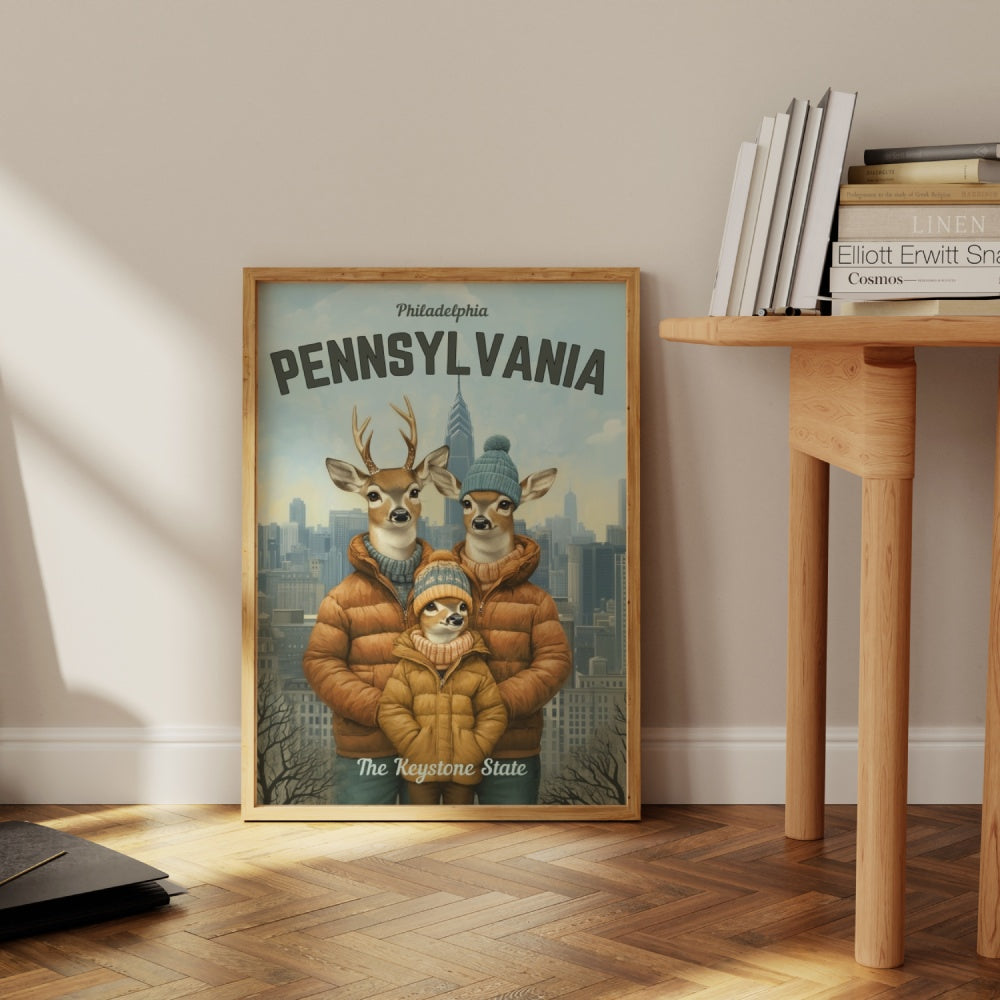 A vintage travel poster of a white-tail deer family of three taking a family photo in-front of the city of Philadelphia.