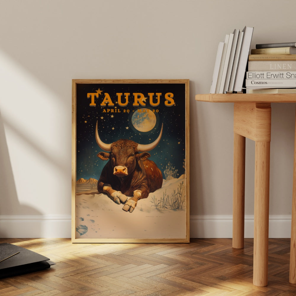 "Taurus", a vintage astrology poster, featuring a bull sitting peacefully under the stary night skies