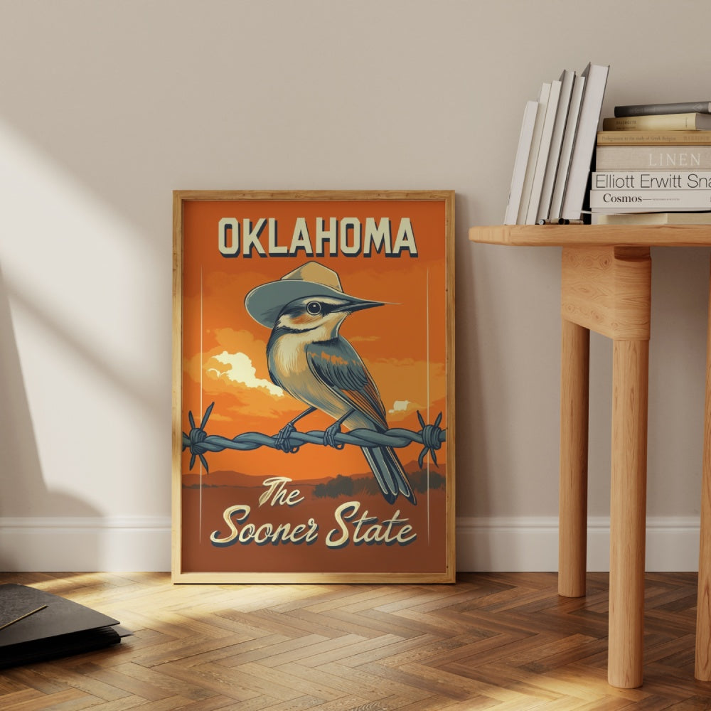 "Oklahoma", a vintage travel poster, featuring a Scissor-tailed flycatcher perched on a barbwire wearing a cowboy hat