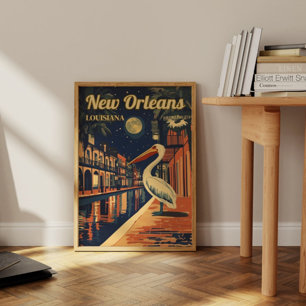 "New Orleans", a vintage travel poster, featuring a pelican standing on the streets of the French Quarter in New Orleans