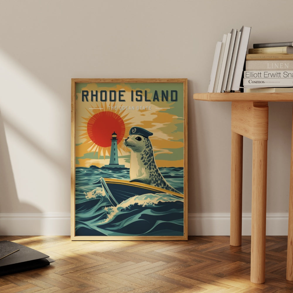 "Rhode Island", a vintage travel poster, featuring a harbor seal sailing on a mini yacht