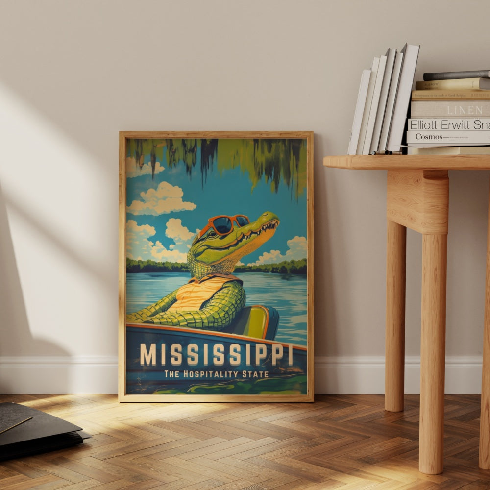 "Mississippi", a vintage travel poster, featuring an alligator riding in the swamps of Mississippi on an airboat and wearing sunglasses