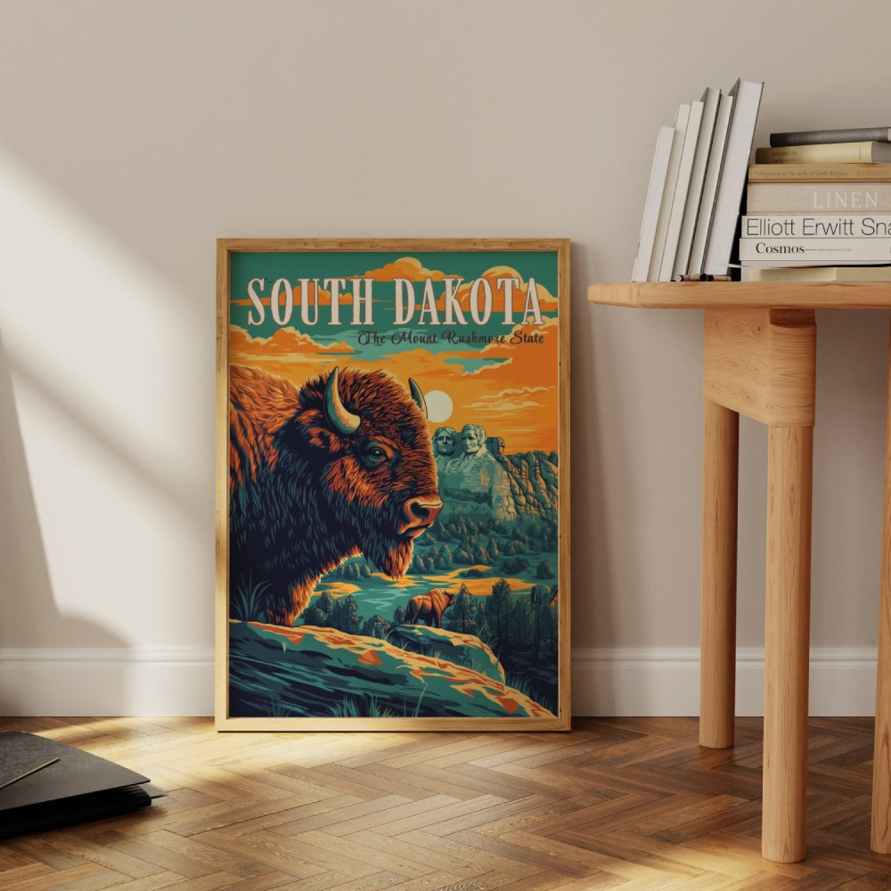 "South Dakota", a vintage travel poster, featuring a bison in front of Mount Rushmore