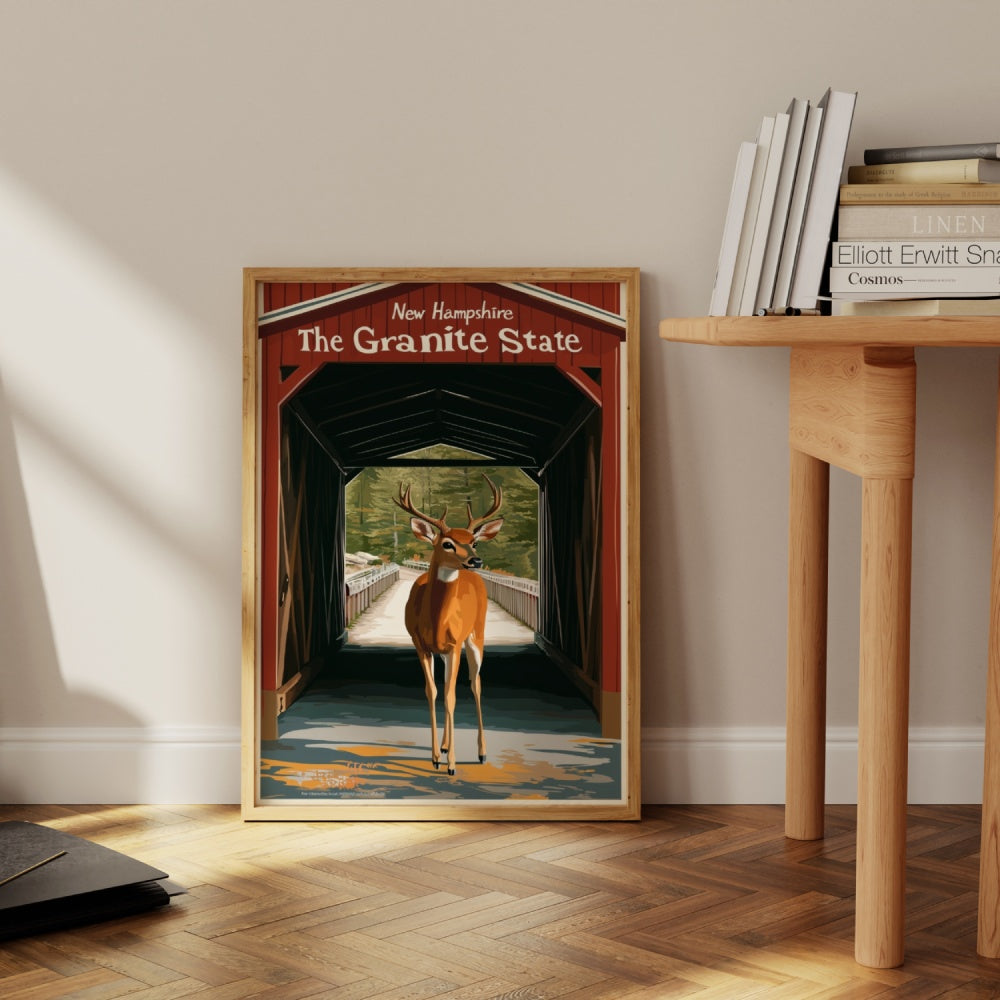 "New Hampshire", a vintage travel poster, featuring a white-tail deer in front of a covered bridge
