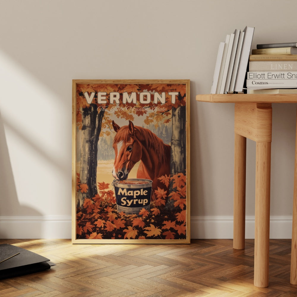 "Vermont", a vintage travel poster, featuring a Morgan Horse drinking maple syrup out of a bucket in the fall forests of Vermont