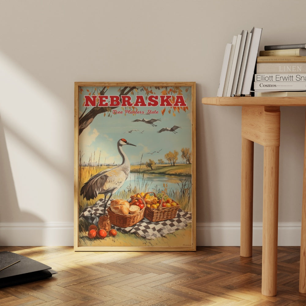 "Nebraska", a vintage travel poster, featuring a Sandhill Crane having a picnic in autumn Nebraska by a lake