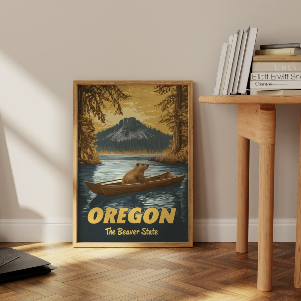 "Oregon", a vintage travel poster, featuring a beaver inside of a rowboat in the lakes of the Crater Lake National Park in Oregon