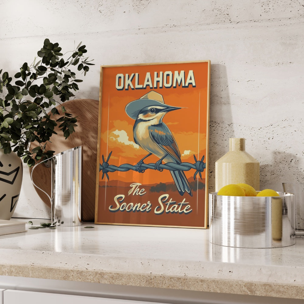 "Oklahoma", a vintage travel poster, featuring a Scissor-tailed flycatcher perched on a barbwire wearing a cowboy hat