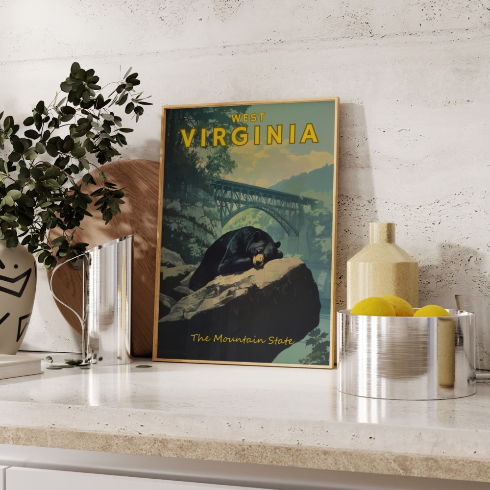 "West Virginia", a vintage travel poster, featuring a black bear taking a nap underneath the new river gorge national park bridge