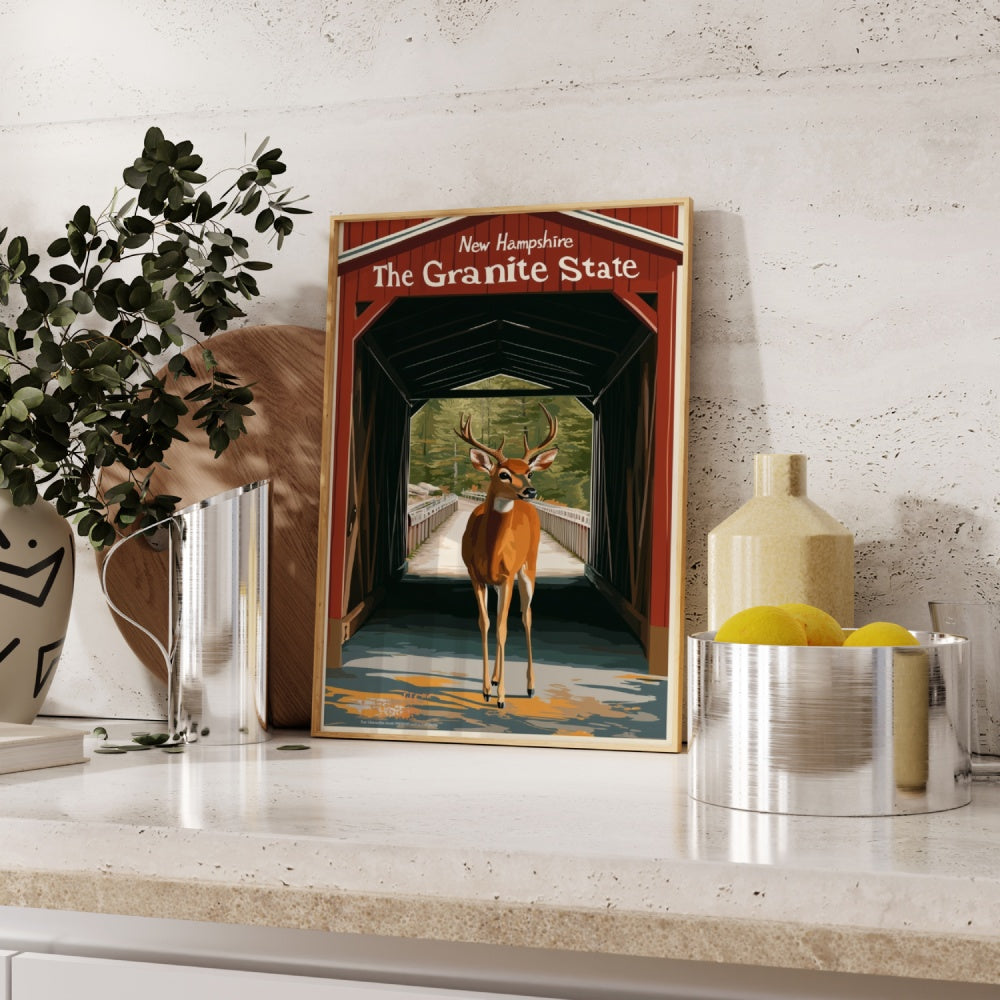 "New Hampshire", a vintage travel poster, featuring a white-tail deer in front of a covered bridge