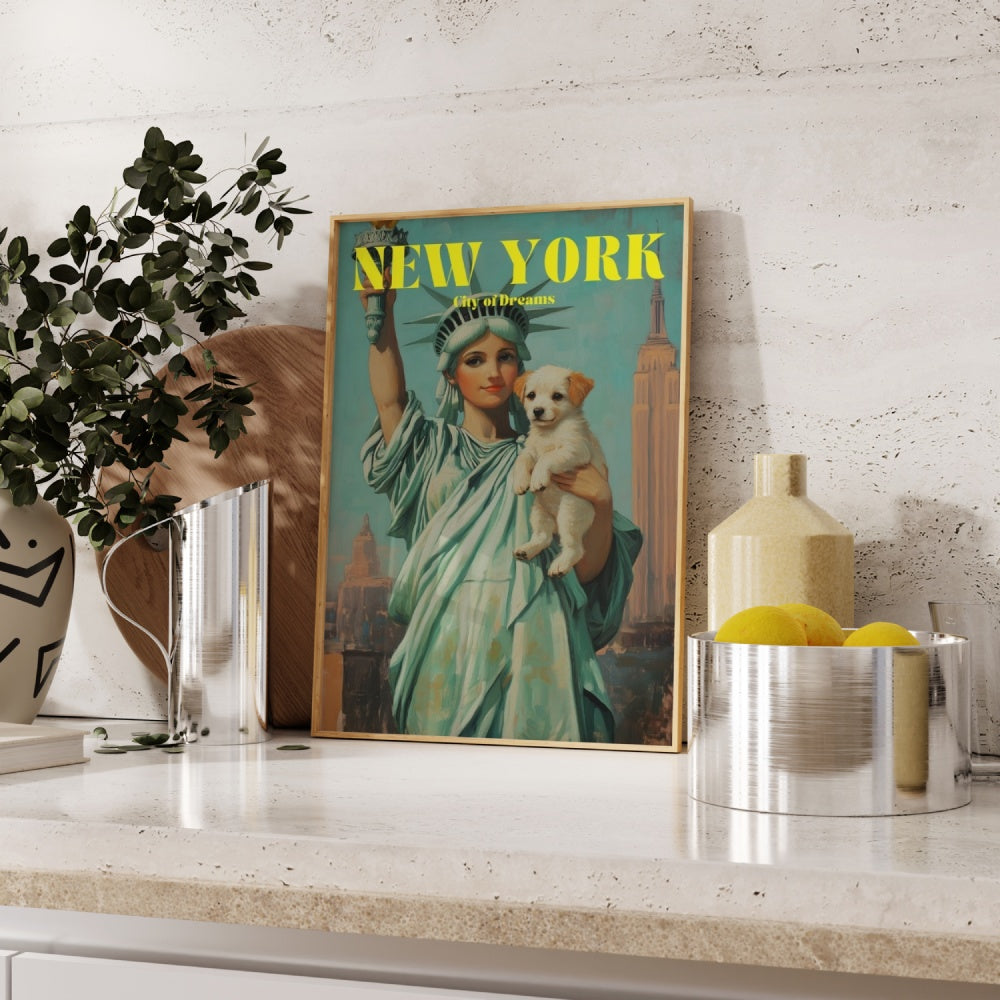 A Vintage travel poster of New York, City of Dreams, featuring Lady Liberty holding a puppy.