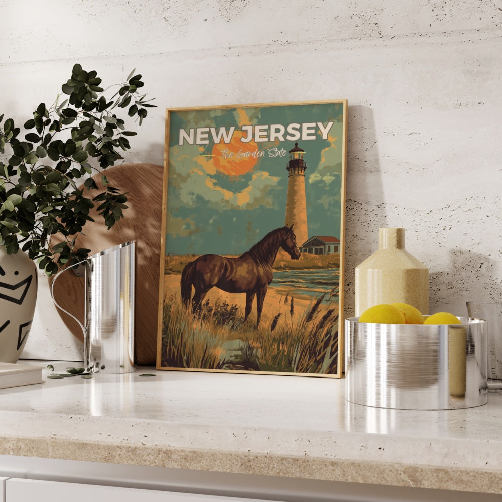 A vintage travel poster of New Jersey, featuring a horse standing on the shores of New Jersey