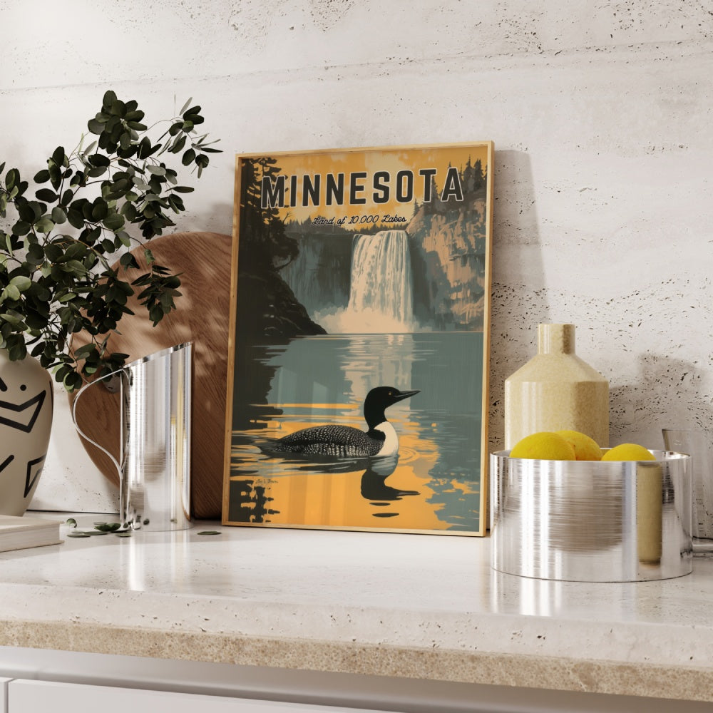 "Minnesota", a vintage travel poster, featuring a common loon swimming in a calm lake in the Gooseberry Falls State Park