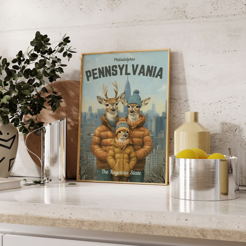 A vintage travel poster of a white-tail deer family of three taking a family photo in-front of the city of Philadelphia.