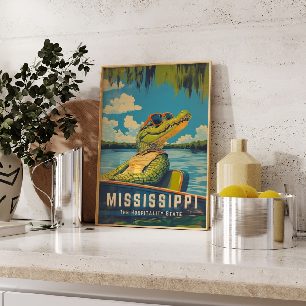 "Mississippi", a vintage travel poster, featuring an alligator riding in the swamps of Mississippi on an airboat and wearing sunglasses
