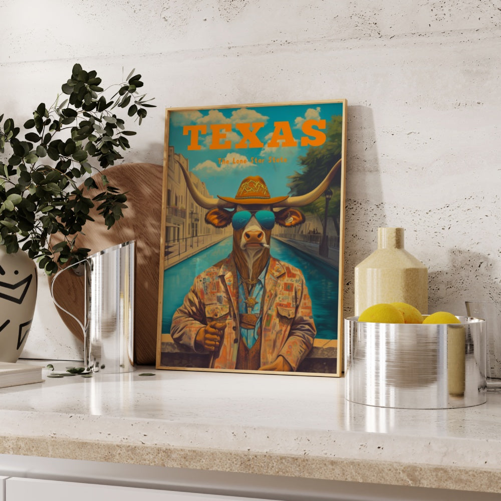 A vintage travel poster of Texas, the Lone Star State, featuring a Longhorn bull wearing a cowboy outfit with a cowboy hat and sunglasses. At the San Antonio River Walk.