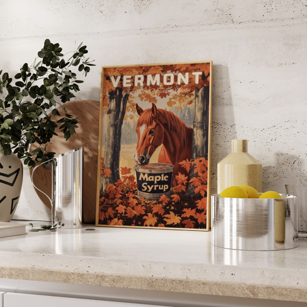"Vermont", a vintage travel poster, featuring a Morgan Horse drinking maple syrup out of a bucket in the fall forests of Vermont
