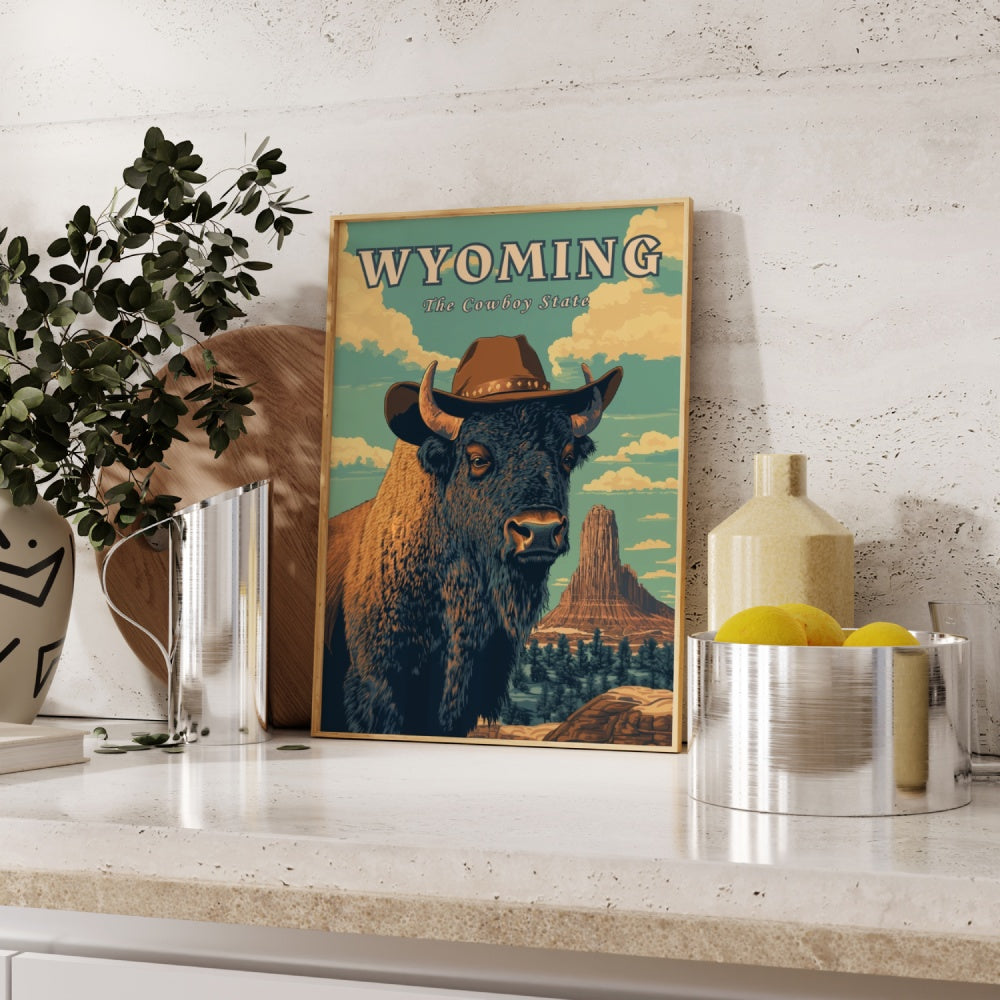 "Wyoming", a vintage travel poster, featuring a bison standing in front of the Devils Tower