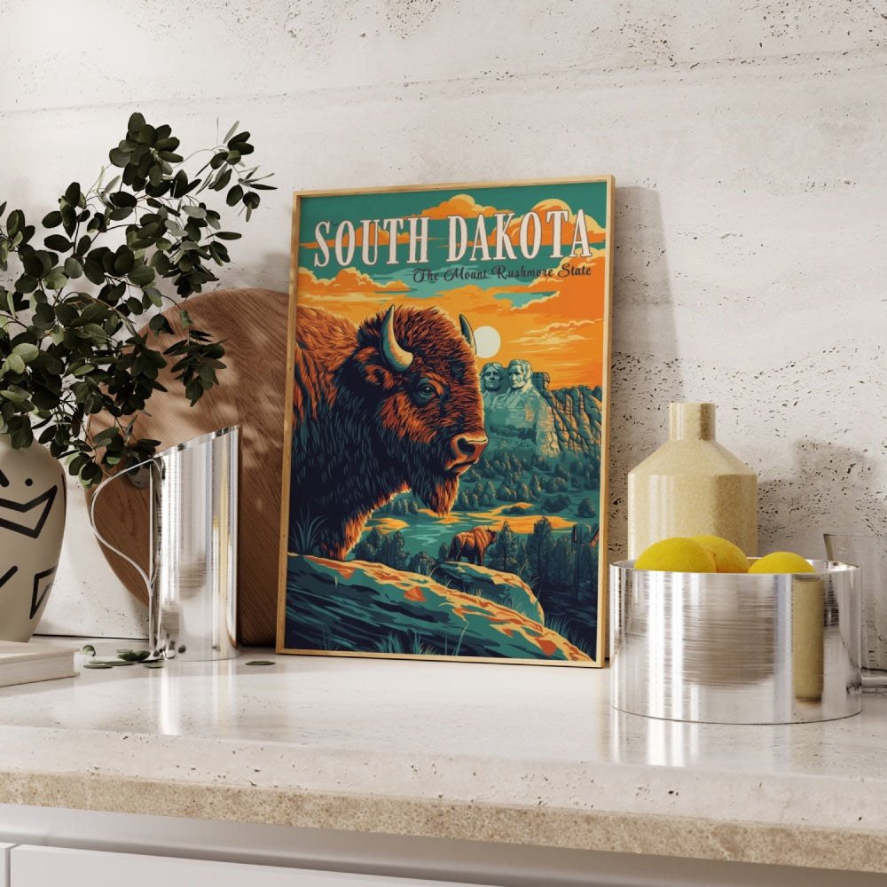 "South Dakota", a vintage travel poster, featuring a bison in front of Mount Rushmore