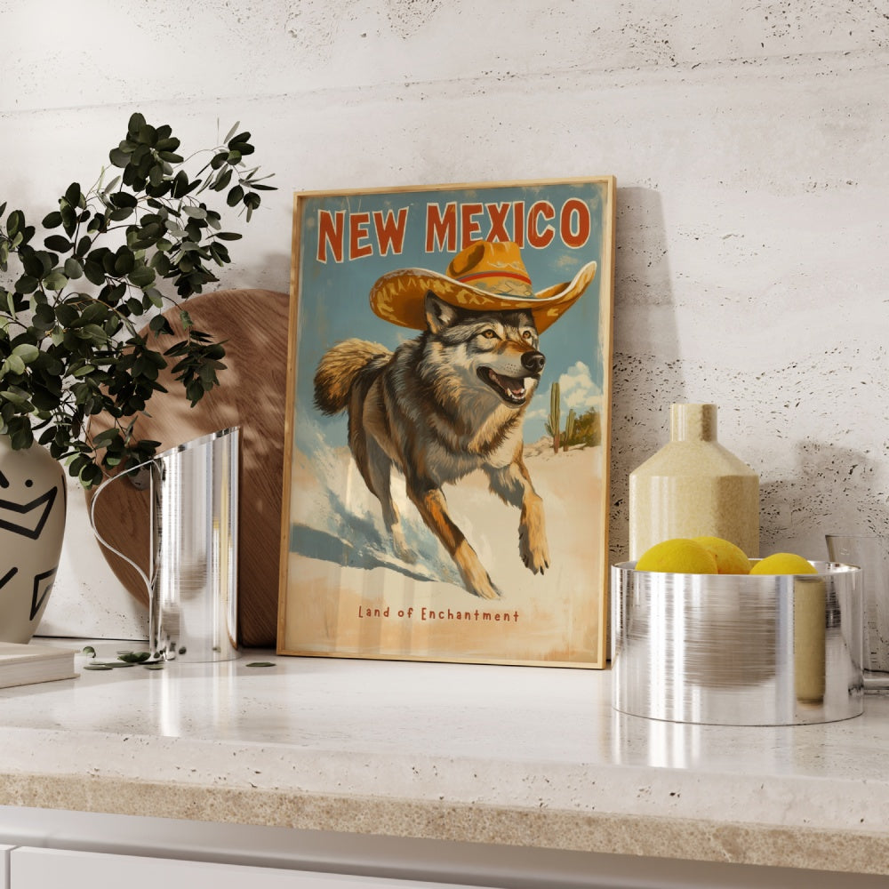 "New Mexico", a vintage travel poster, featuring a wolf wearing a sombrero running through the white sands of New Mexico