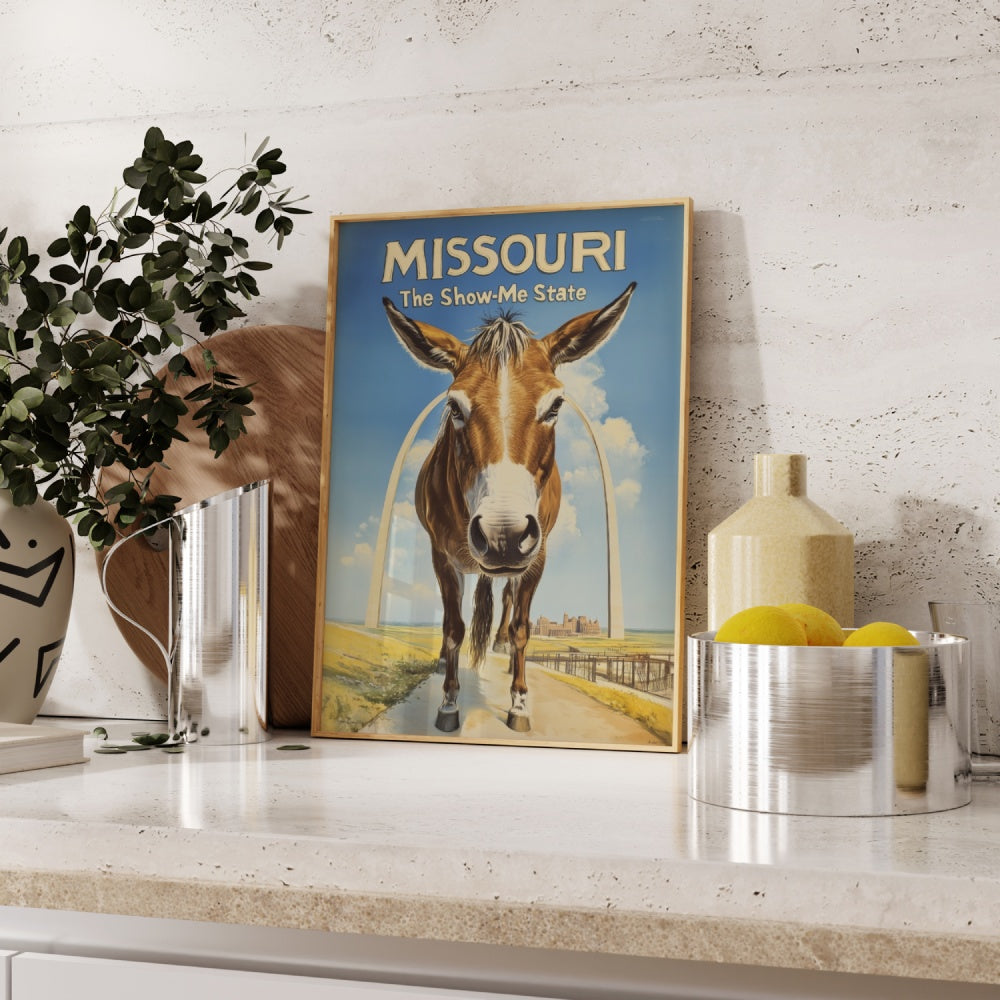 "Missouri", a vintage travel poster, featuring a Missouri Mule standing in front of the The Gateway Arch
