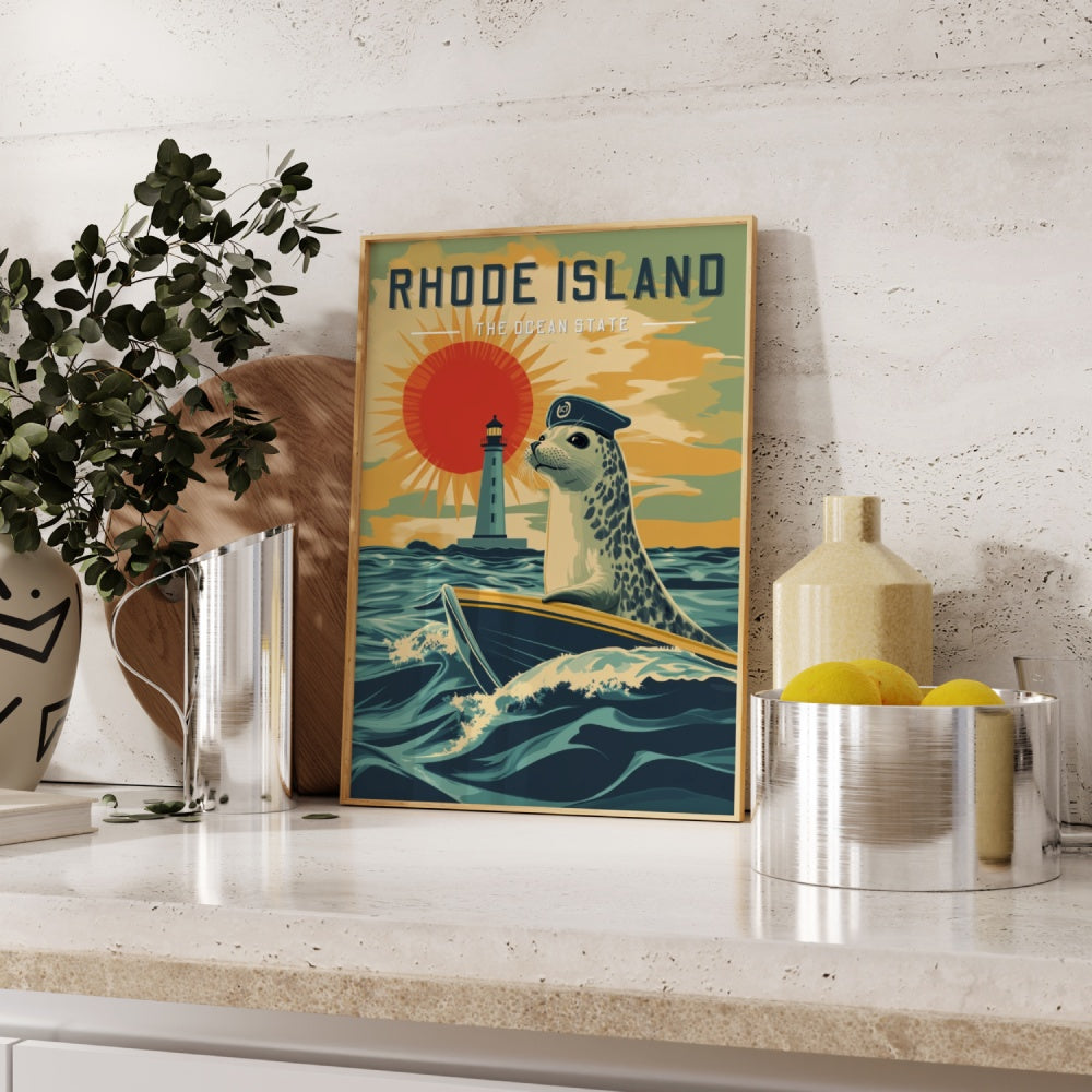 "Rhode Island", a vintage travel poster, featuring a harbor seal sailing on a mini yacht