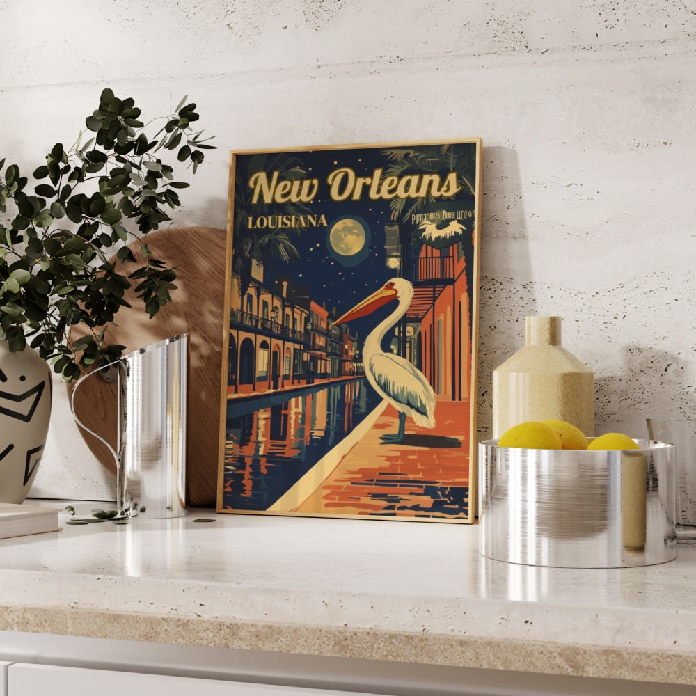 "New Orleans", a vintage travel poster, featuring a pelican standing on the streets of the French Quarter in New Orleans