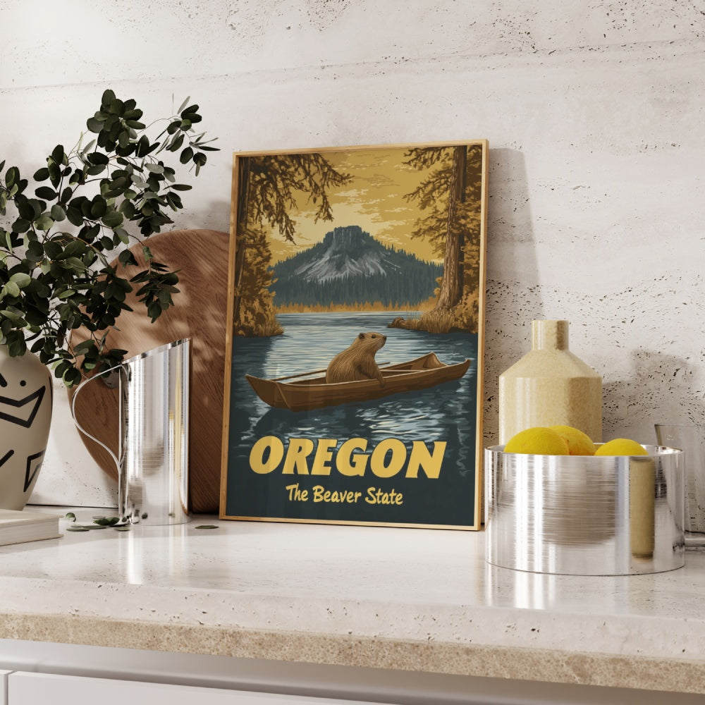 "Oregon", a vintage travel poster, featuring a beaver inside of a rowboat in the lakes of the Crater Lake National Park in Oregon