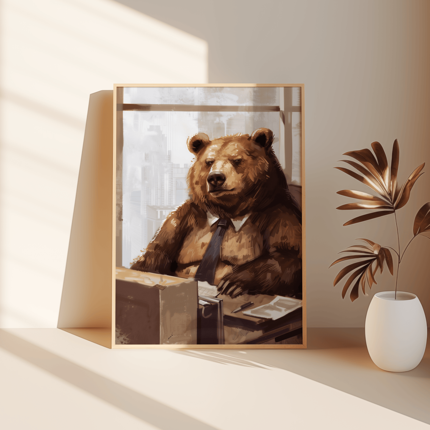 Paw Prints framed poster of a grumpy bear working as an office manager, wearing a tie, leaning against the bedroom floor.