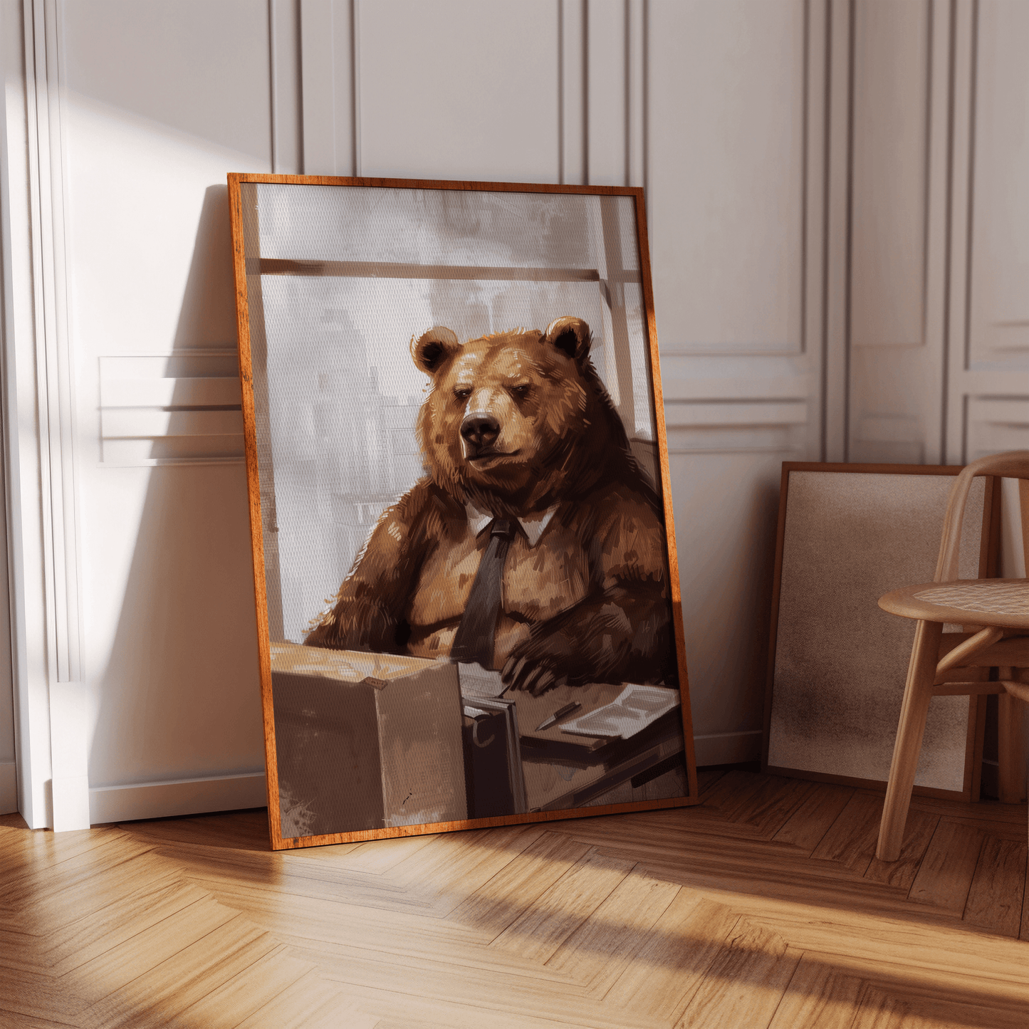 Framed poster of a bear working as an office manager, wearing a tie and looking grumpy in an empty hallway.