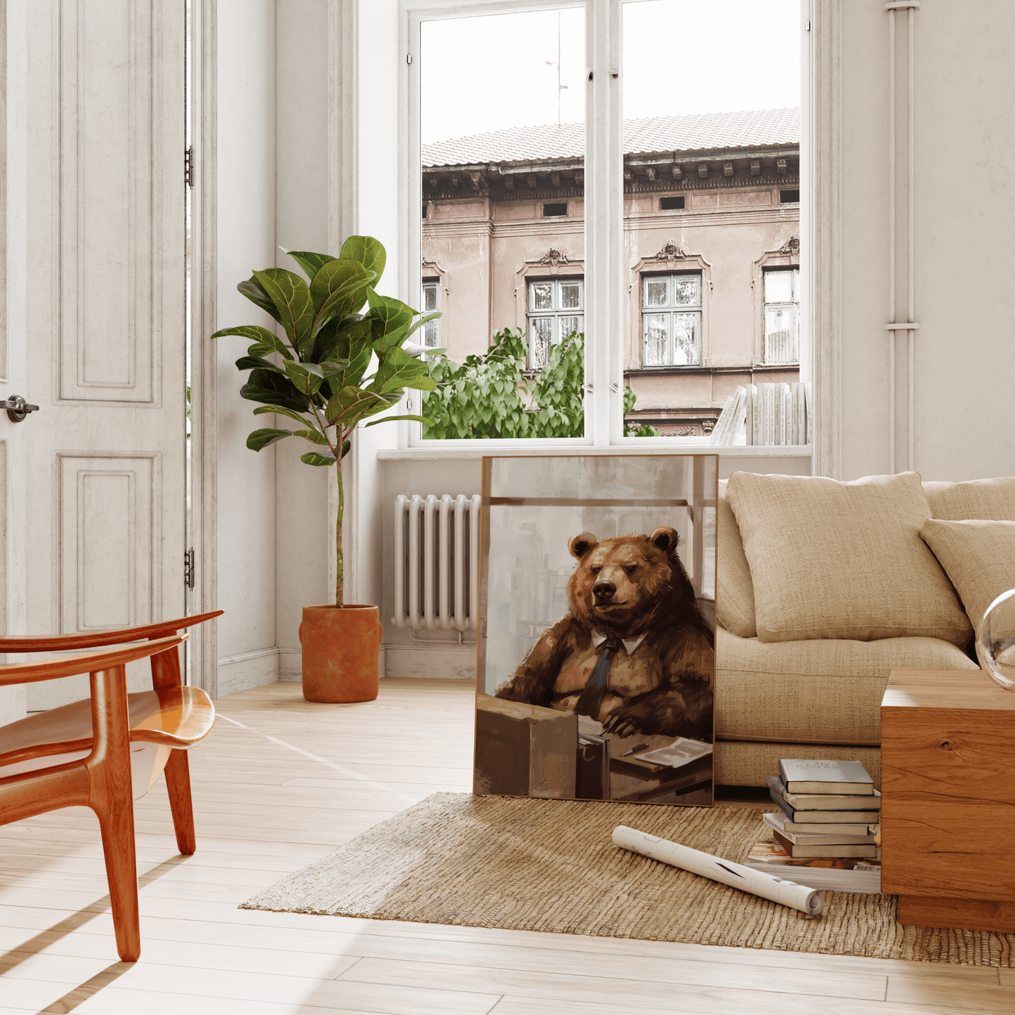 Paw Prints framed poster of a grumpy bear working as an office manager, wearing a tie, leaning on a couch in the living room.