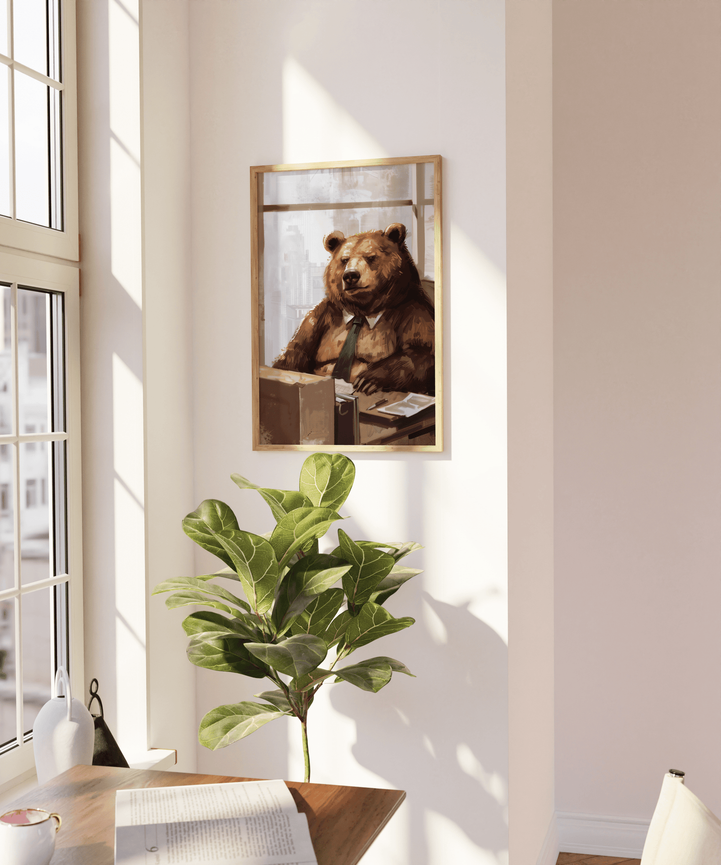 Paw Prints framed poster of a grumpy bear working as an office manager, wearing a tie, on a blank wall in natural sunlight.