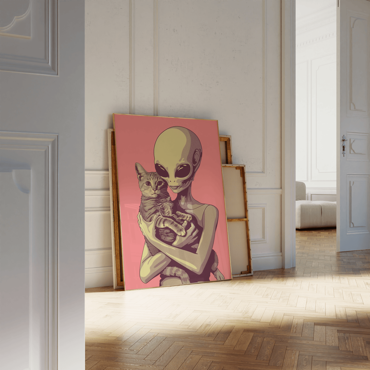 Paw Prints framed poster of a retro alien cradling a tabby cat in a pink background, leaning against a white bathroom wall.