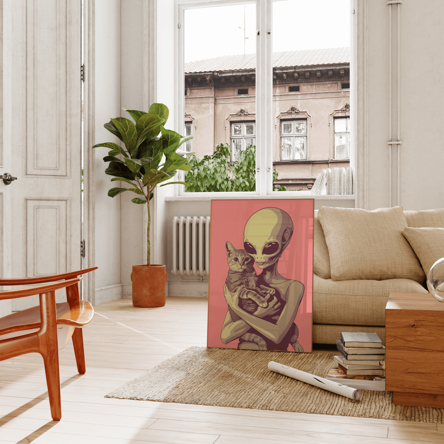 Paw Prints framed poster of a retro alien cradling a tabby cat in a pink background, leaning on a couch in the living room.