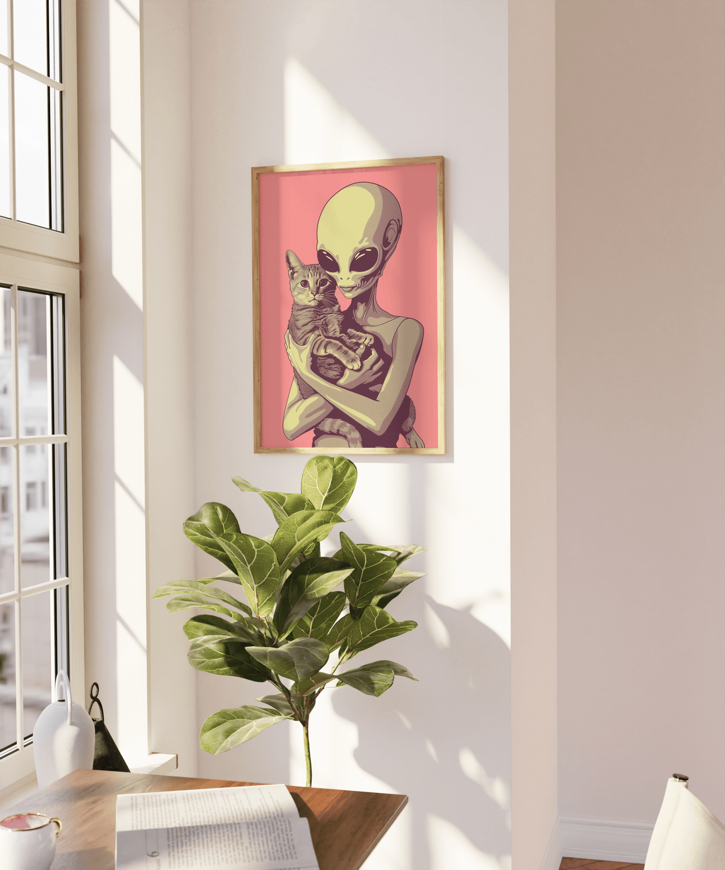 Paw Prints framed poster of a retro alien cradling a tabby cat in a pink background, on a blank wall in natural sunlight.