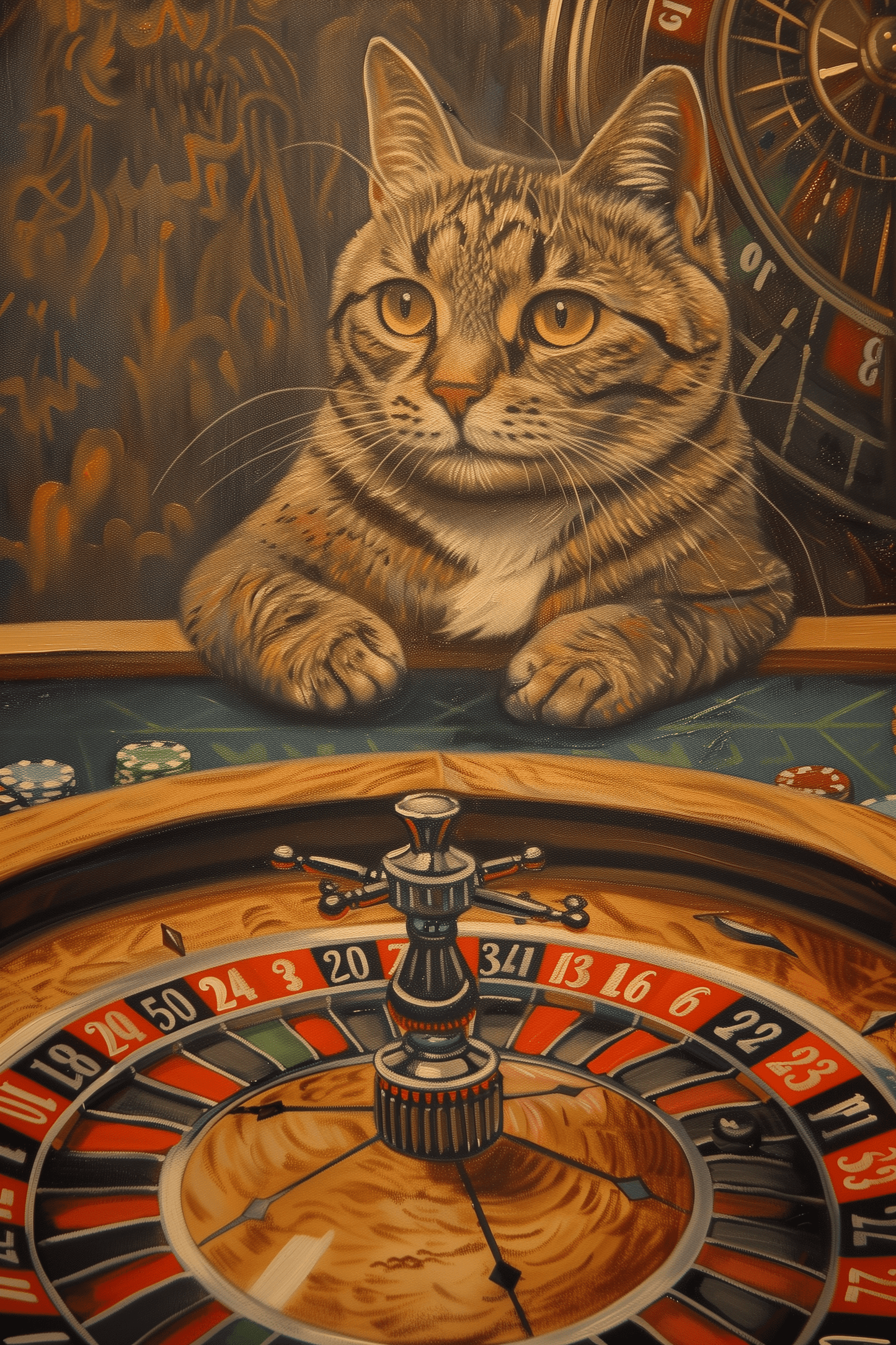 Paw Prints funny art poster of a gambler cat, with its paws on the table, playing roulette at a Las Vegas Casino.