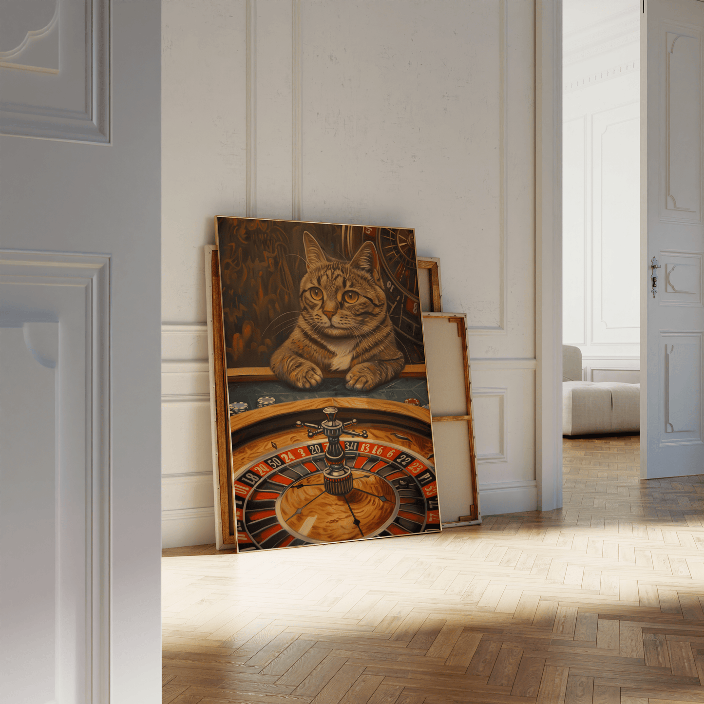 Paw Prints framed poster of a gambler cat, playing roulette in a Las Vegas Casino, leaning against a white bathroom wall.