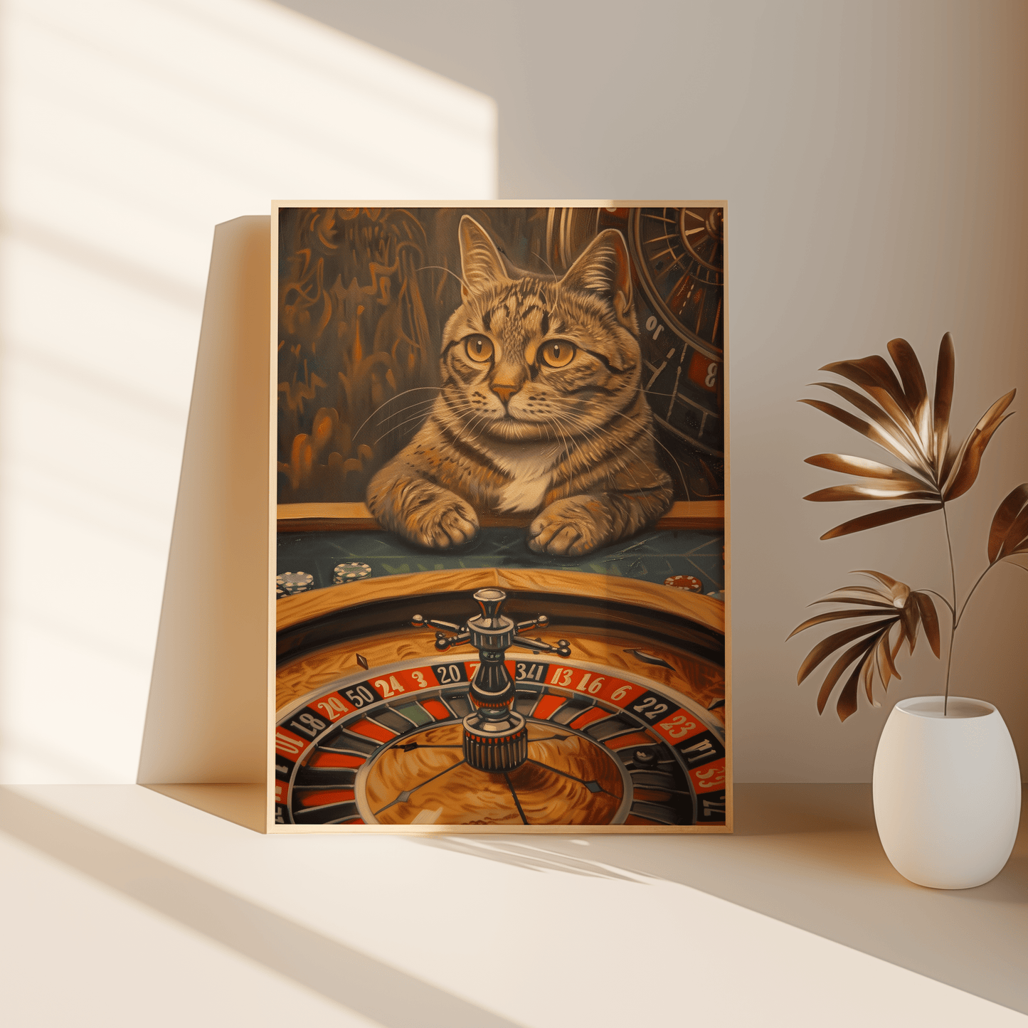 A gambler cat, playing roulette in a Las Vegas Casino, in a Paw Prints framed poster leaning against the bedroom floor.