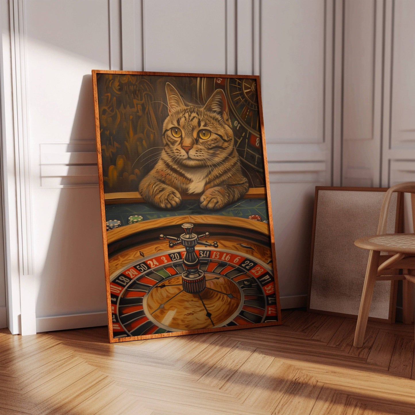 Framed poster of a gambler cat, with its paws on the table, playing roulette at a Las Vegas Casino, in an empty hallway.