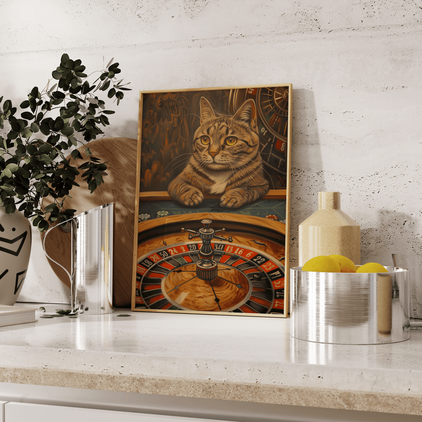 A gambler cat, playing roulette in a Las Vegas Casino, in Paw Prints' framed poster leaning against the kitchen counter.
