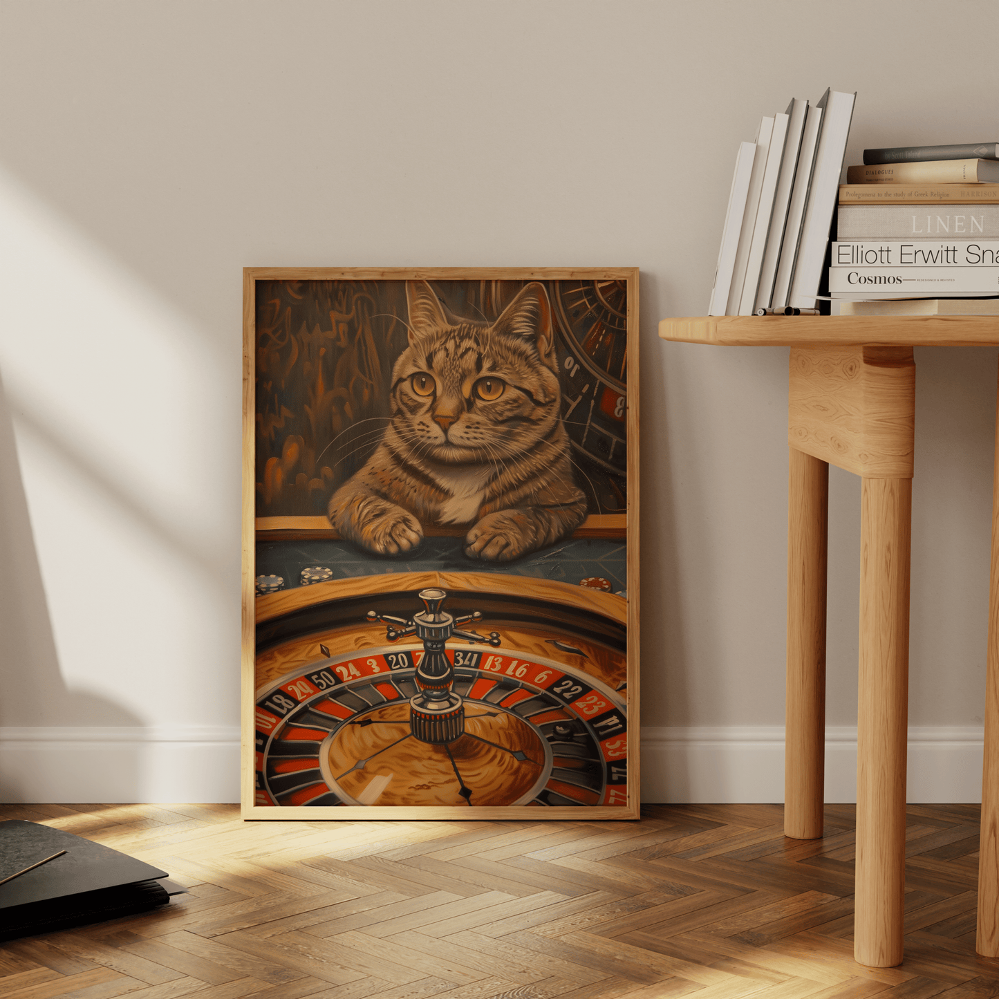 A gambler cat, playing roulette in a Las Vegas Casino, in a Paw Prints framed poster leaning against the office floor.