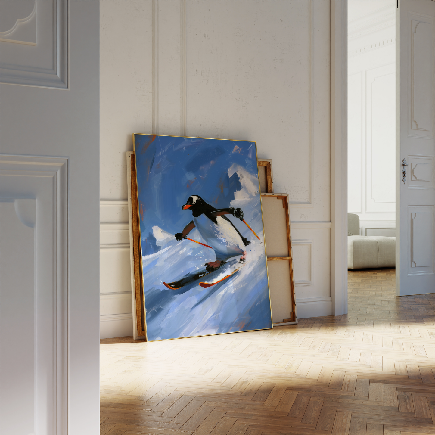 A penguin skiing through the North Pole mountains, in a Paw Prints framed poster leaning against a white bathroom wall.