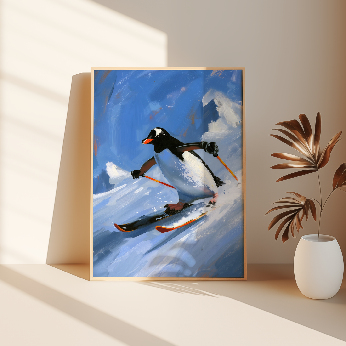 A penguin skiing through the North Pole mountains, in a Paw Prints framed poster leaning against the bedroom floor.